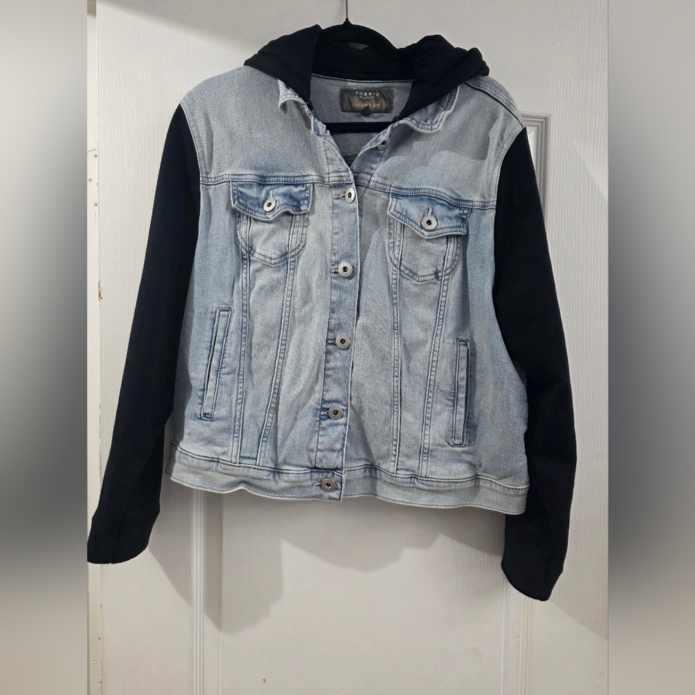 Torrid Light Blue Denim Jacket with Black Sleeves And Hood